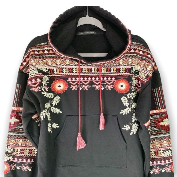 Zara BBWM Embroidered Black Cropped Hoodie Sweatshirt Size L - Picture 2 of 6